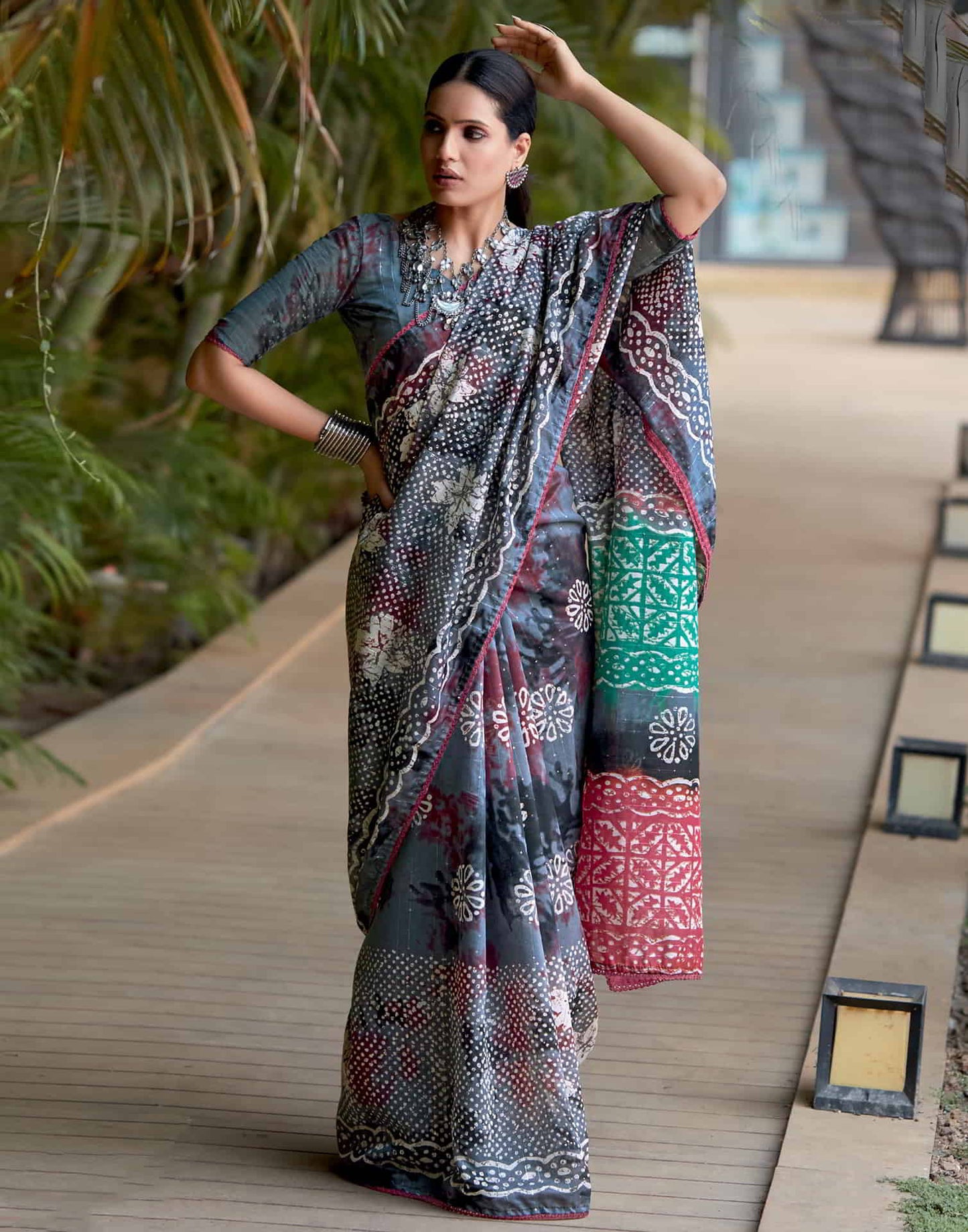 Grey Cotton Printed Saree