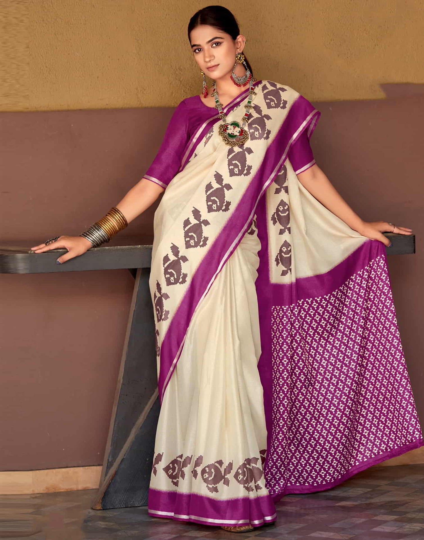 Magenta Silk Printed Saree