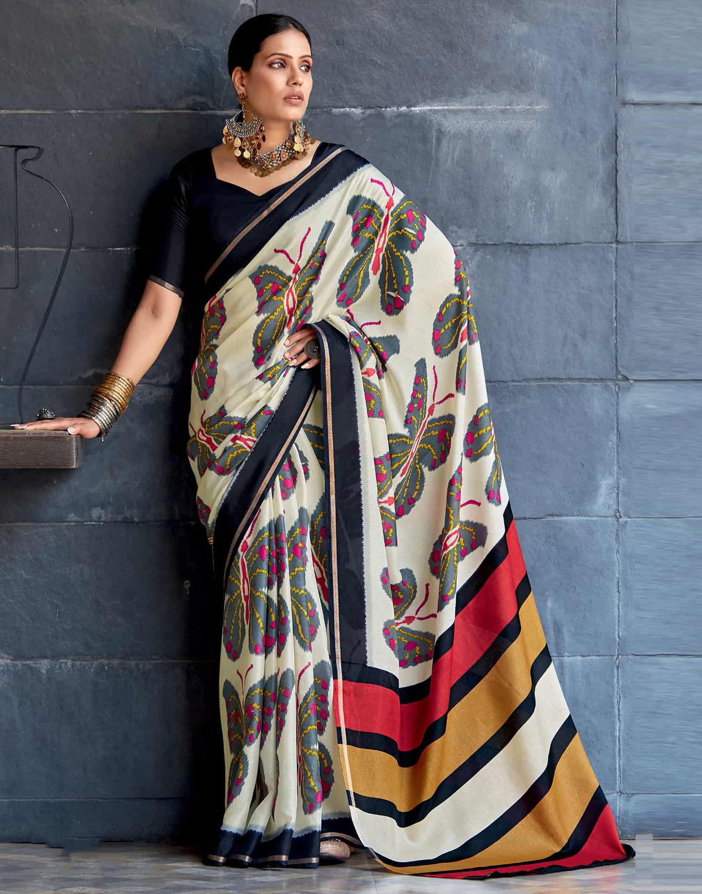 Cream Silk Printed Saree
