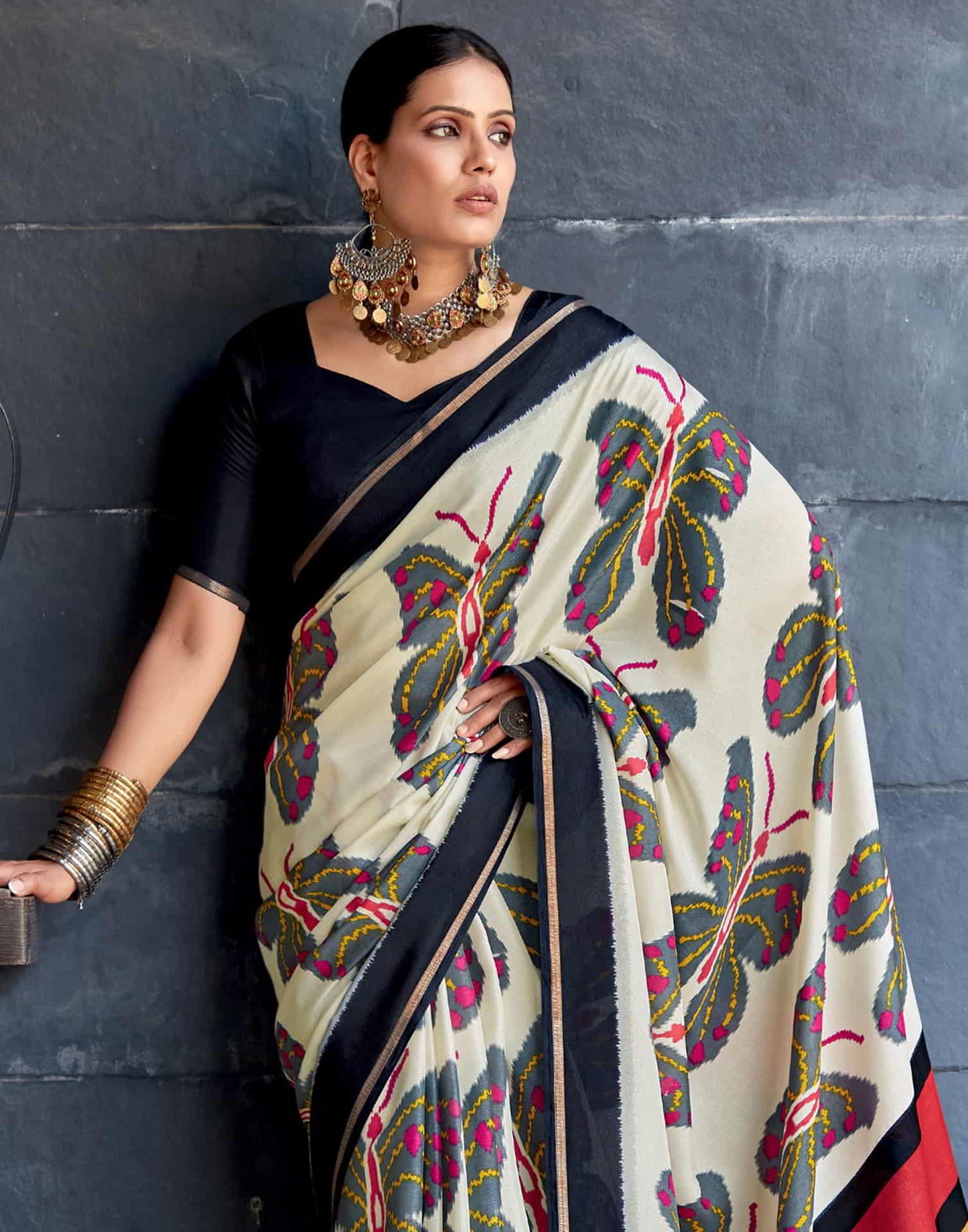 Cream Silk Printed Saree