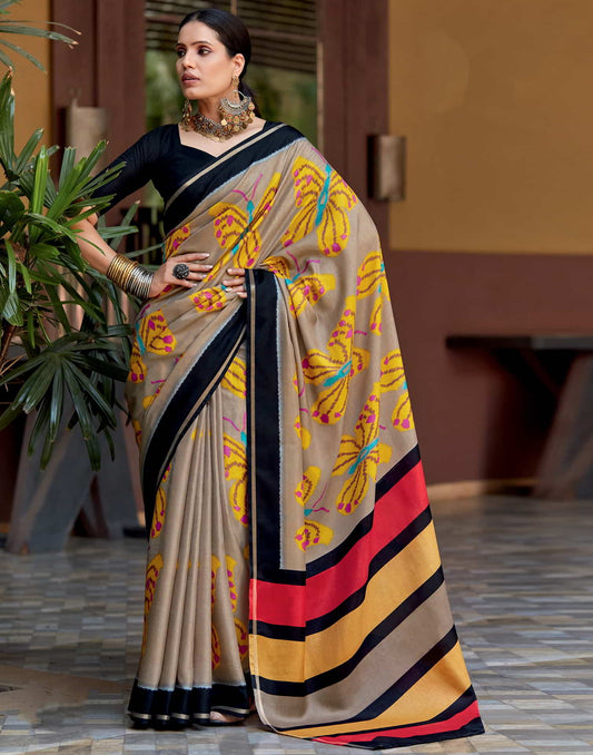 Beige Silk Printed Saree