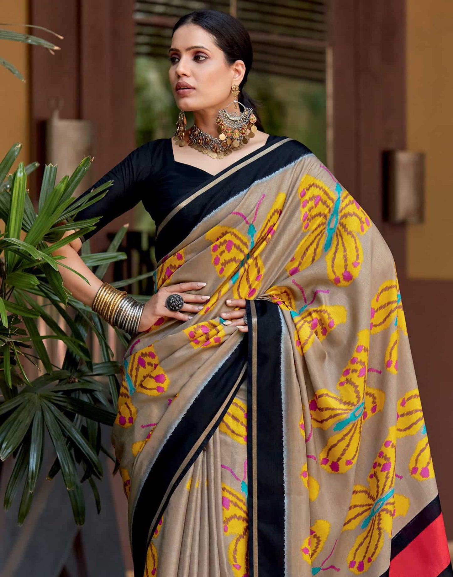 Beige Silk Printed Saree