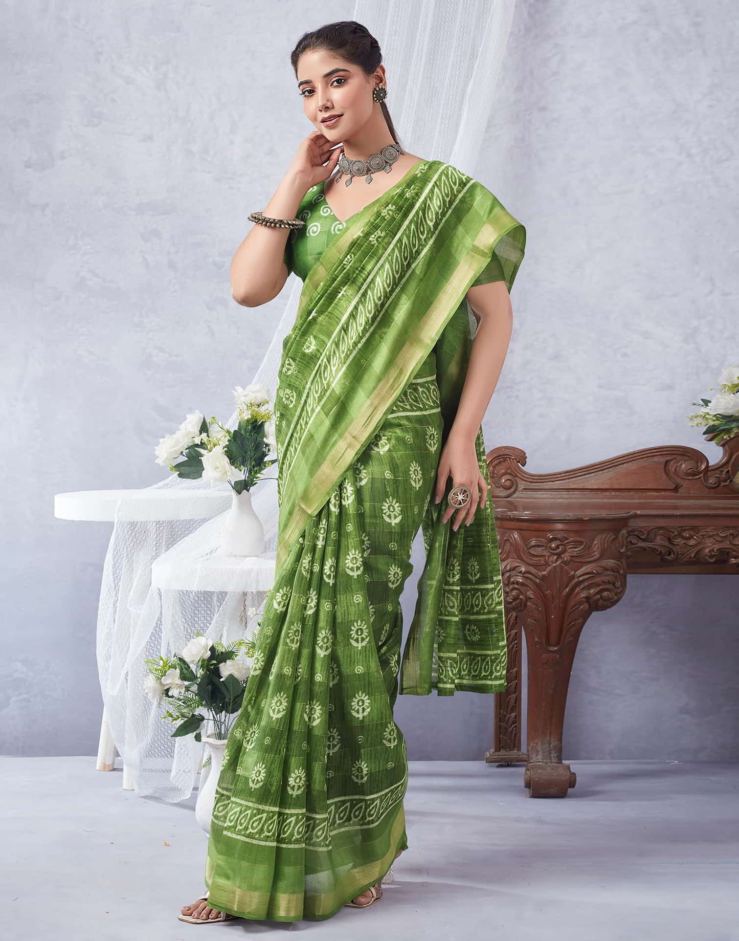 Green Printed Cotton Saree