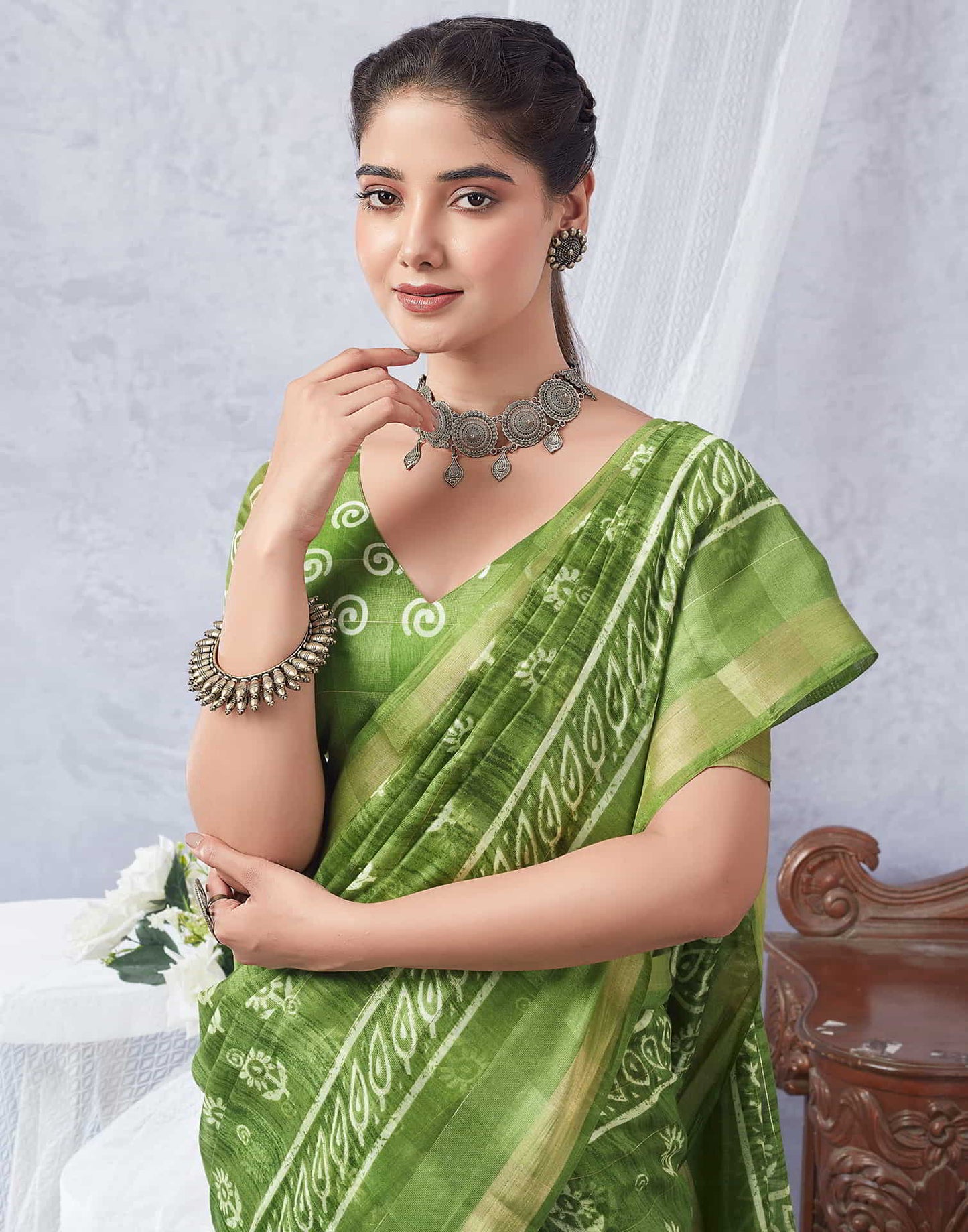 Green Printed Cotton Saree