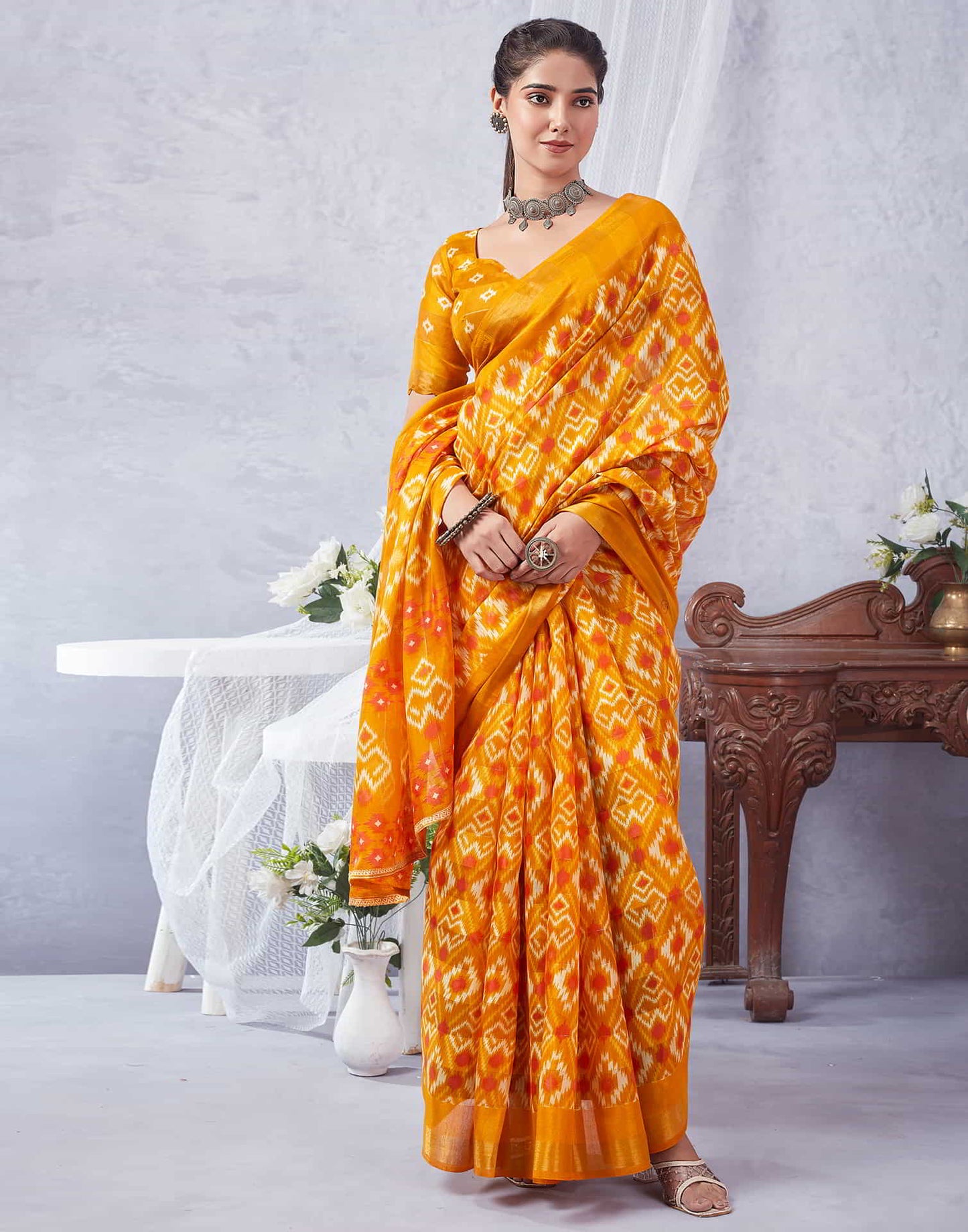 Yellow Printed Cotton Geometric Saree