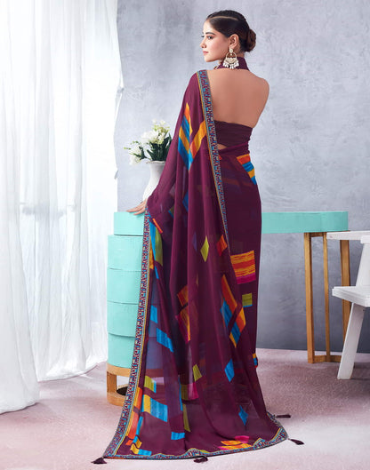 Wine Printed Chiffon Geometric Saree