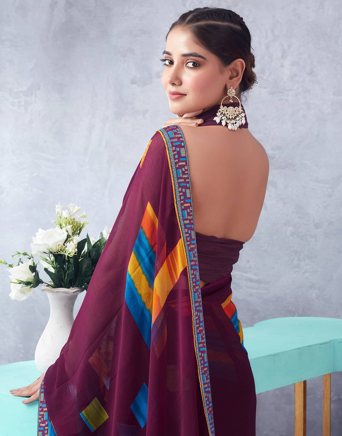 Wine Printed Chiffon Geometric Saree