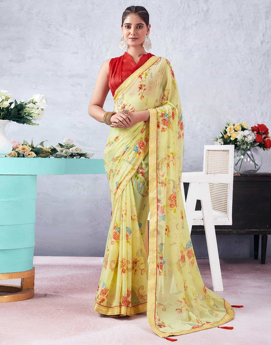 Yellow Printed Chiffon Saree