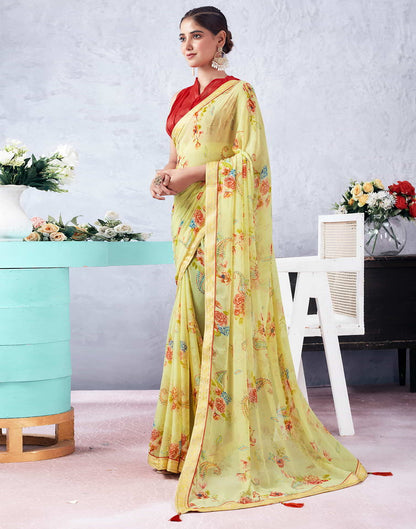 Yellow Printed Chiffon Saree