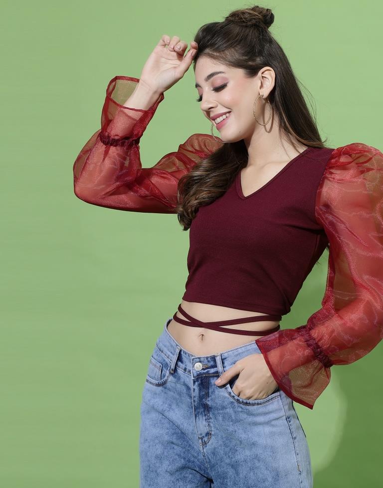 Maroon Puff Sleeve With Strap Top | Sudathi