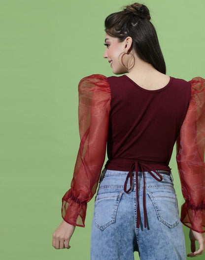 Maroon Puff Sleeve With Strap Top | Sudathi