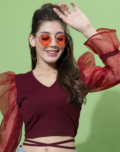 Maroon Puff Sleeve With Strap Top | Sudathi