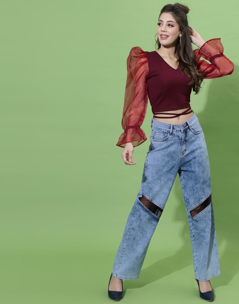 Maroon Puff Sleeve With Strap Top | Sudathi