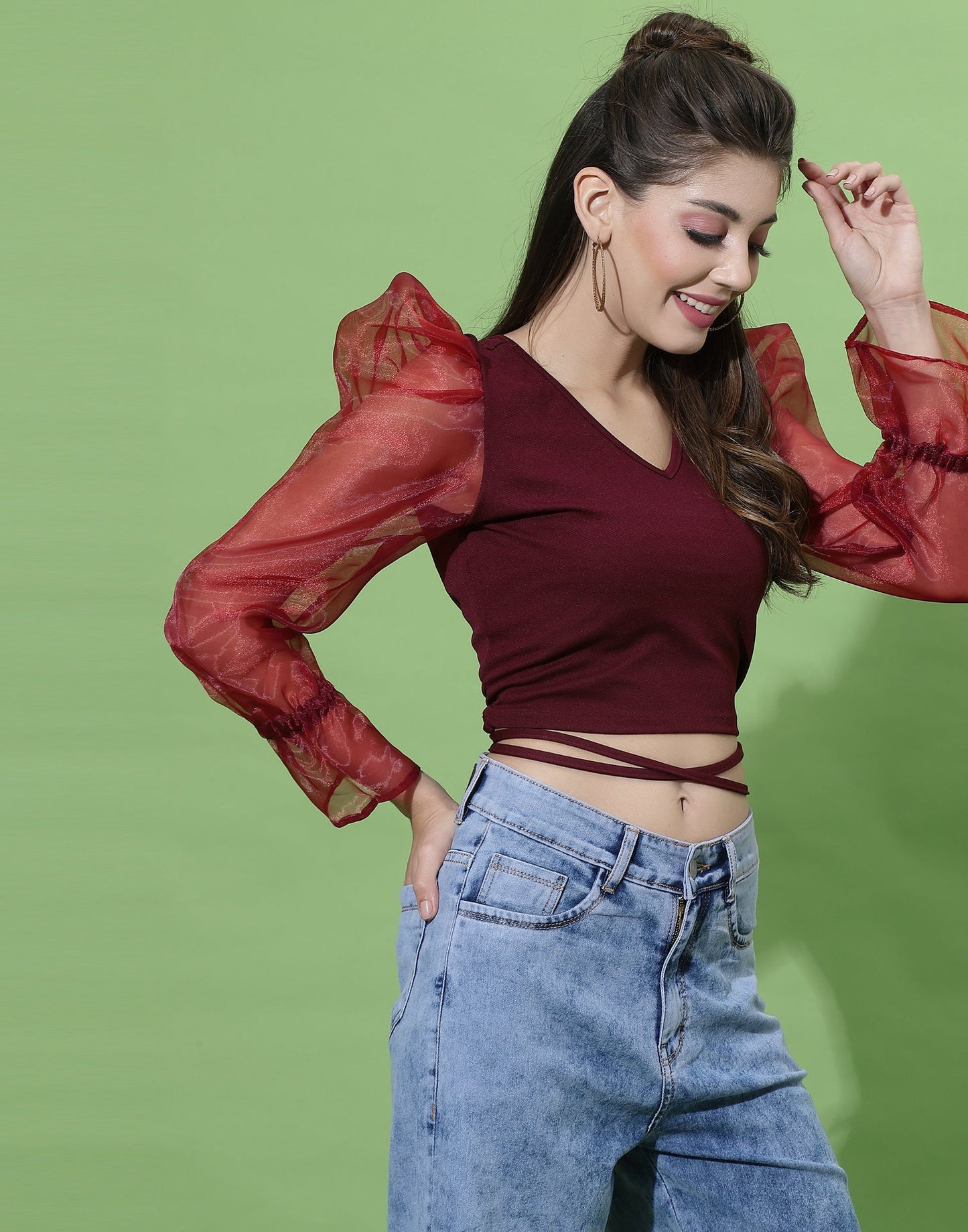 Maroon Puff Sleeve With Strap Top | Sudathi