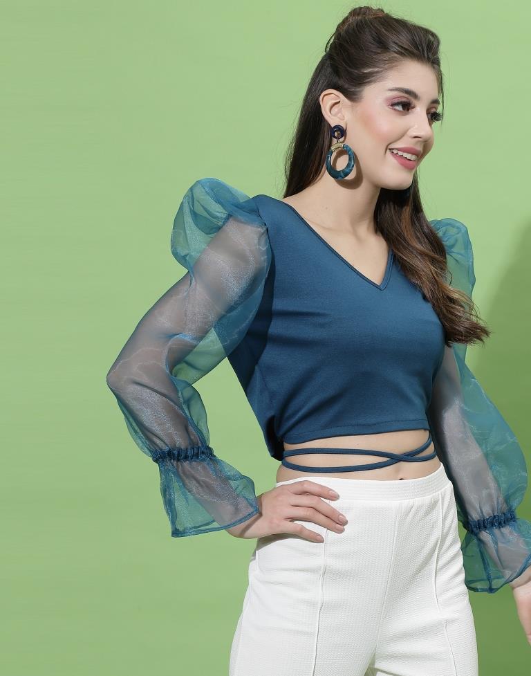 Teal Blue Puff Sleeve With Strap Top | Sudathi