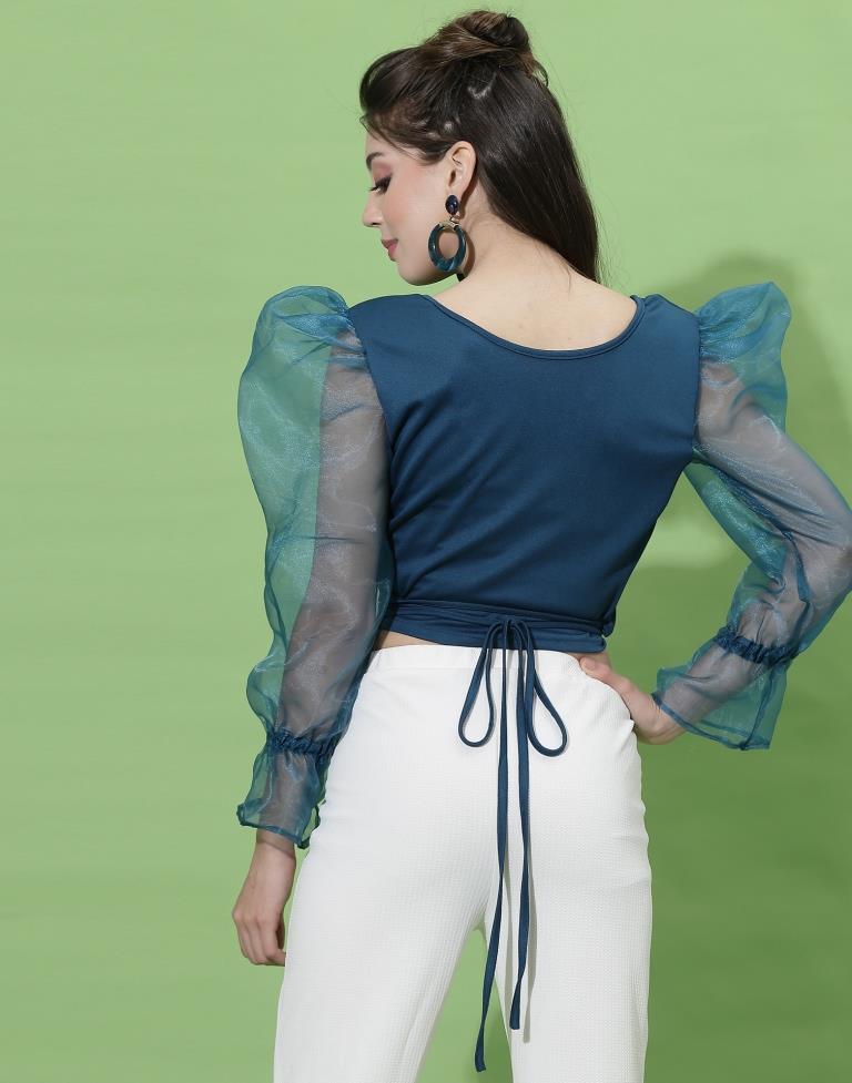 Teal Blue Puff Sleeve With Strap Top | Sudathi