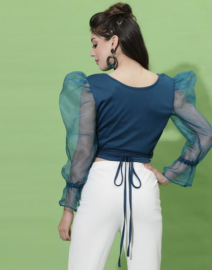 Teal Blue Puff Sleeve With Strap Top | Sudathi