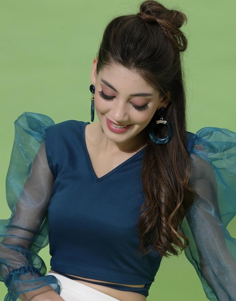 Teal Blue Puff Sleeve With Strap Top | Sudathi