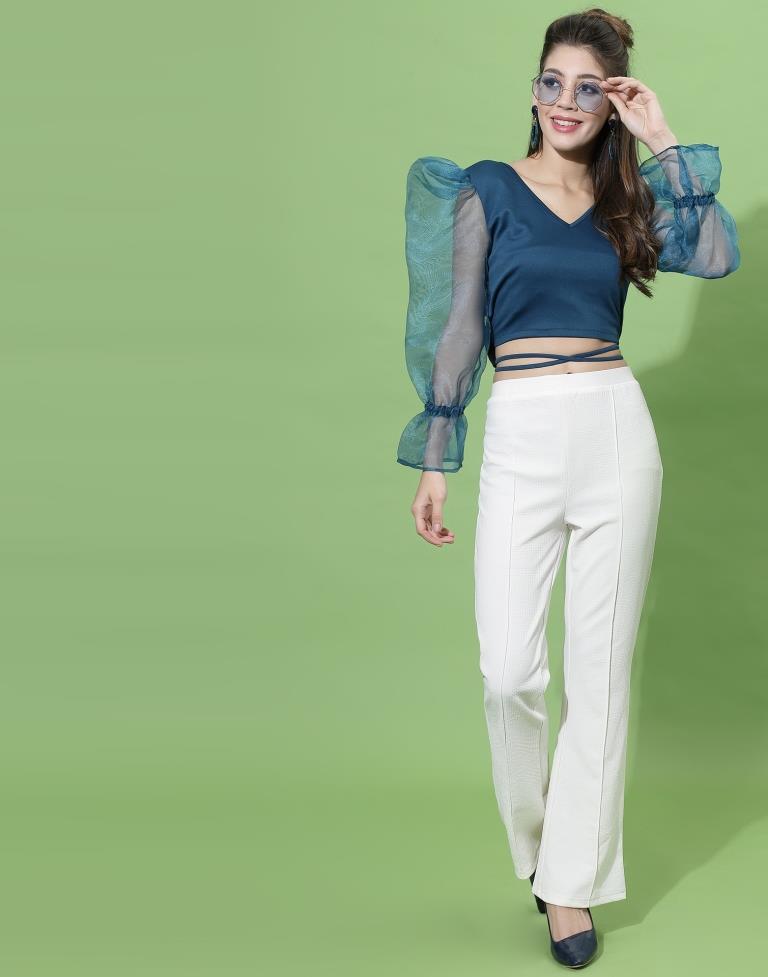 Teal Blue Puff Sleeve With Strap Top | Sudathi