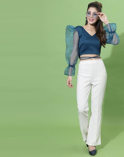 Teal Blue Puff Sleeve With Strap Top | Sudathi