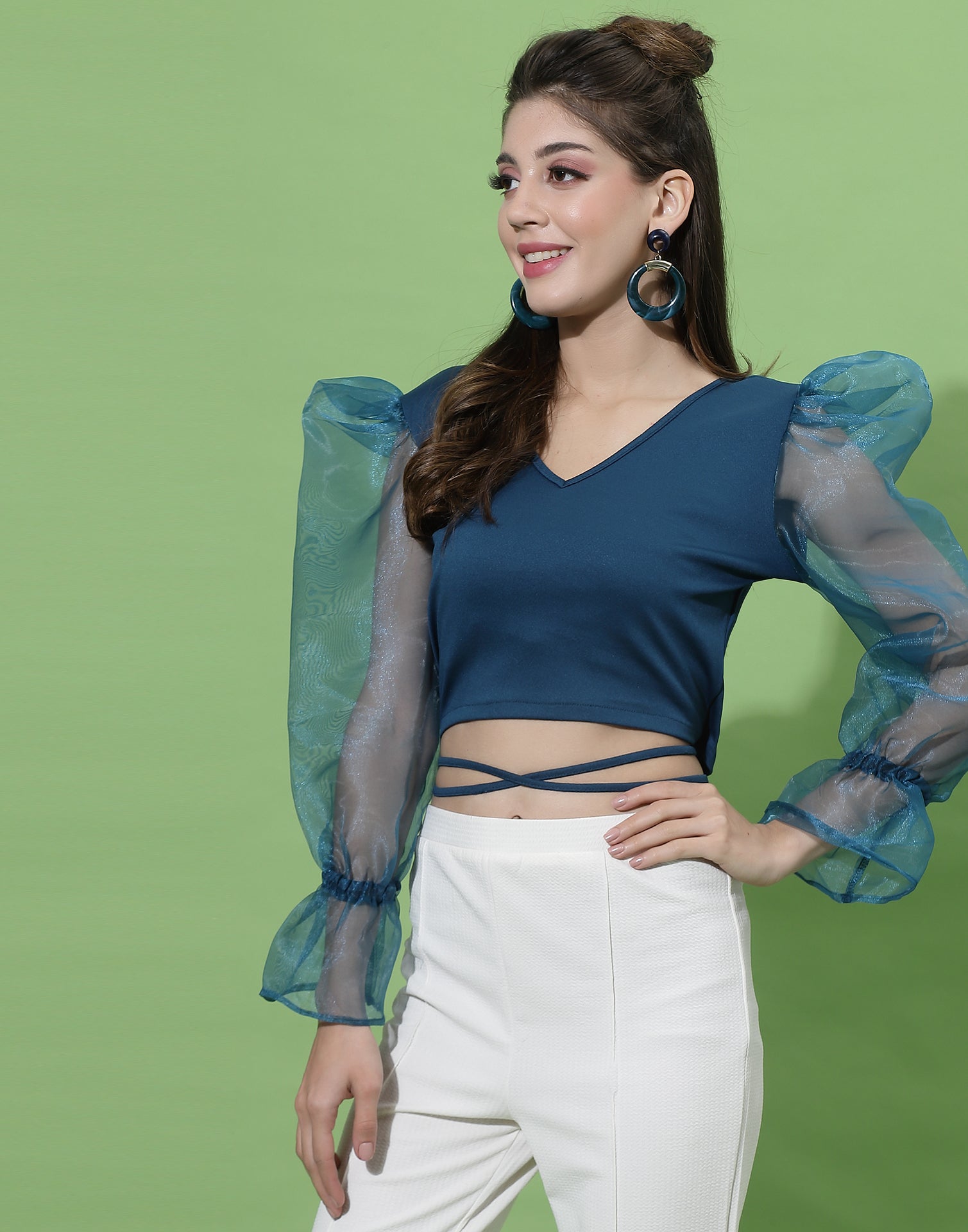 Teal Blue Puff Sleeve With Strap Top | Sudathi
