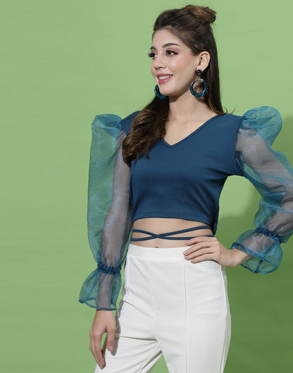 Teal Blue Puff Sleeve With Strap Top | Sudathi