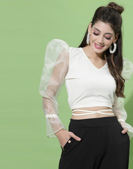 White Puff Sleeve With Strap Top | Sudathi