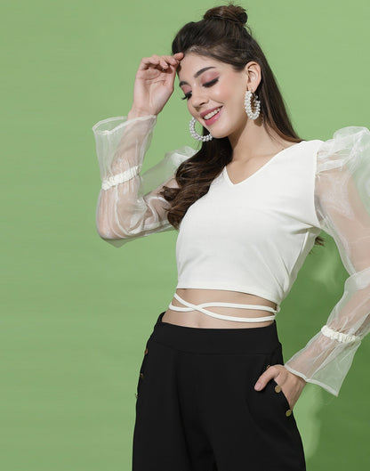 White Puff Sleeve With Strap Top | Sudathi