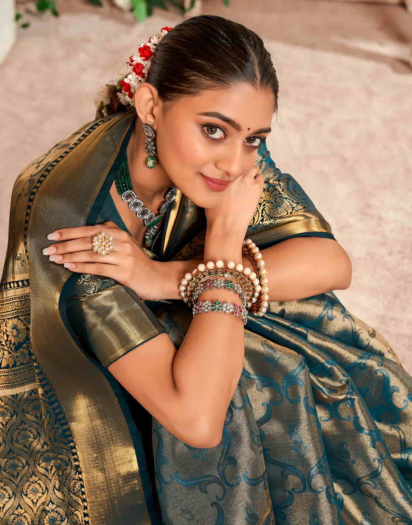 Teal Silk Woven Saree