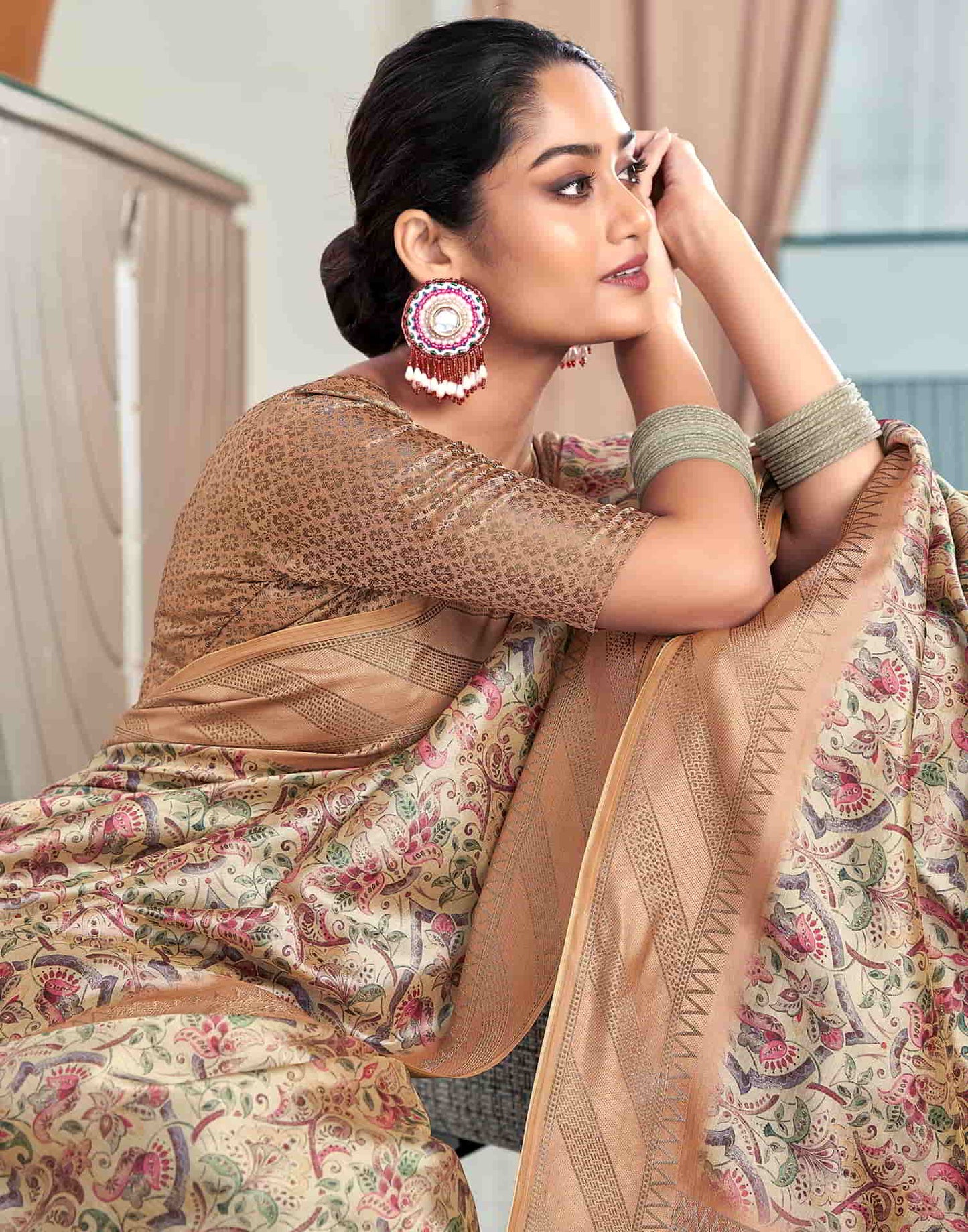 Beige Silk Printed Saree