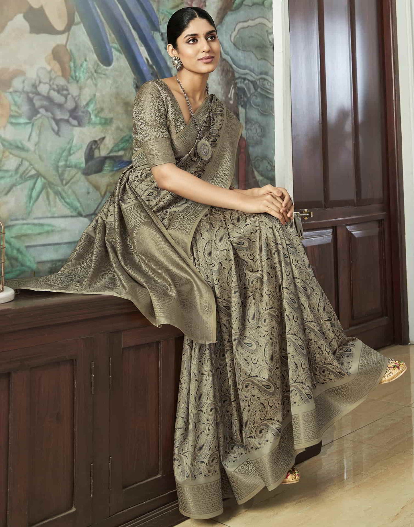 Beige Silk Printed Saree