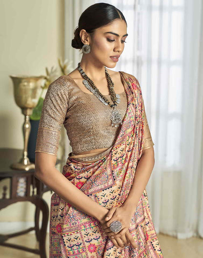 Cream Silk Printed Saree