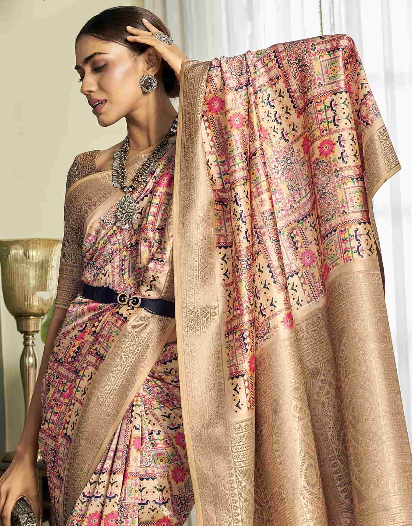 Cream Silk Printed Saree