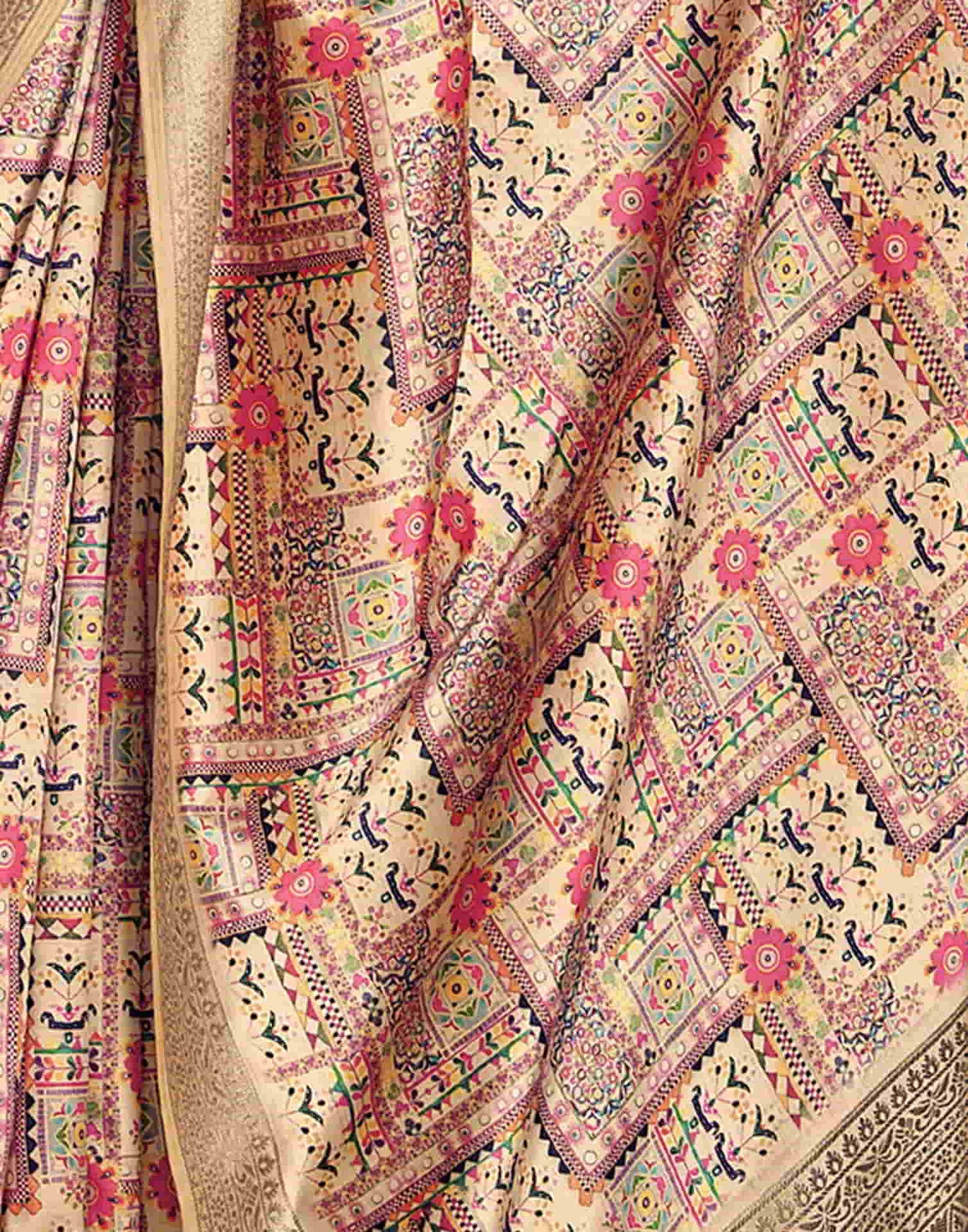 Cream Silk Printed Saree