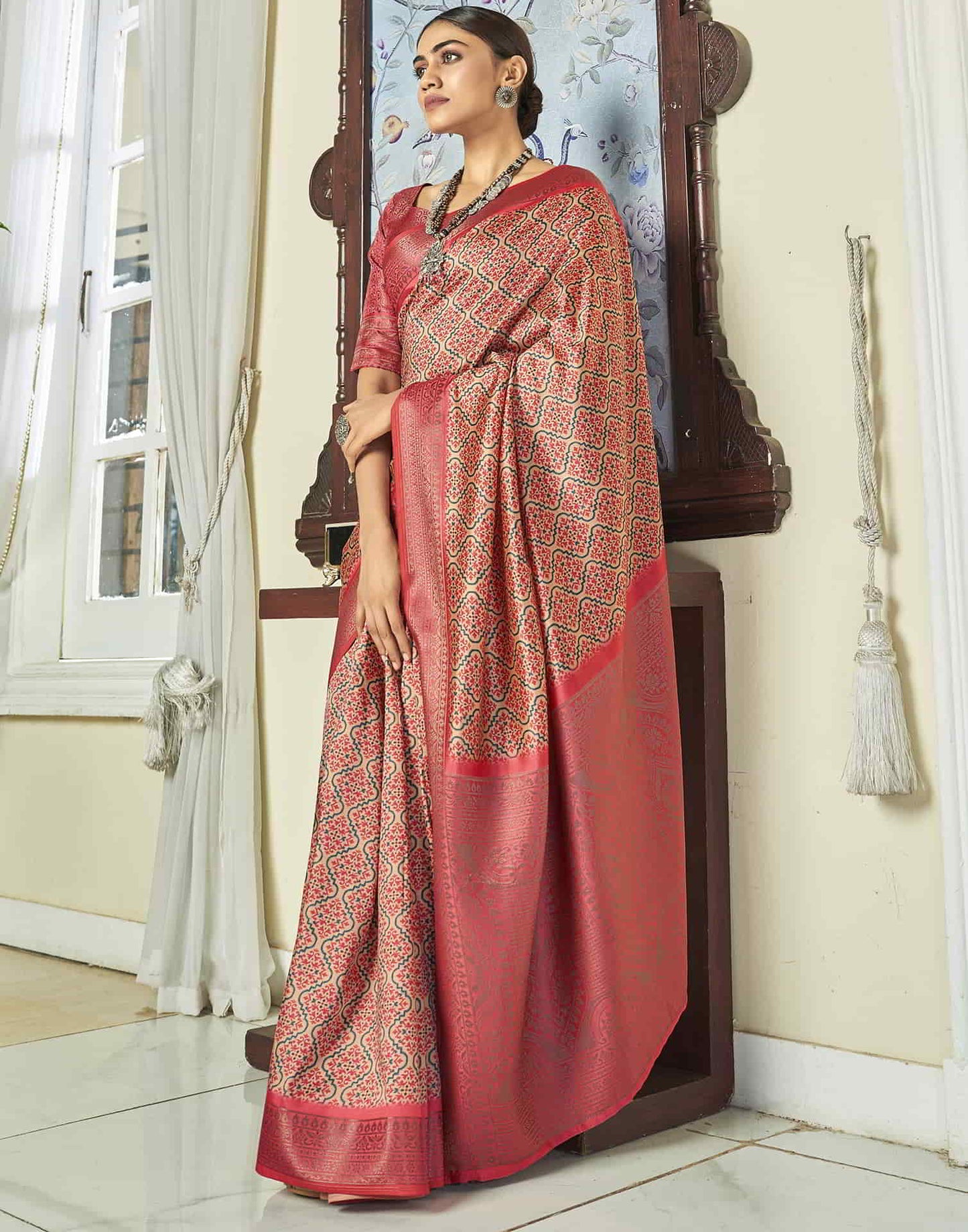 Orange Silk Printed Saree