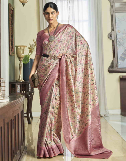 Cream Silk Printed Saree