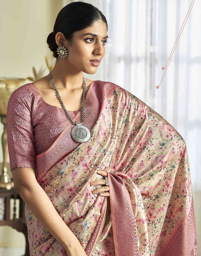 Cream Silk Printed Saree