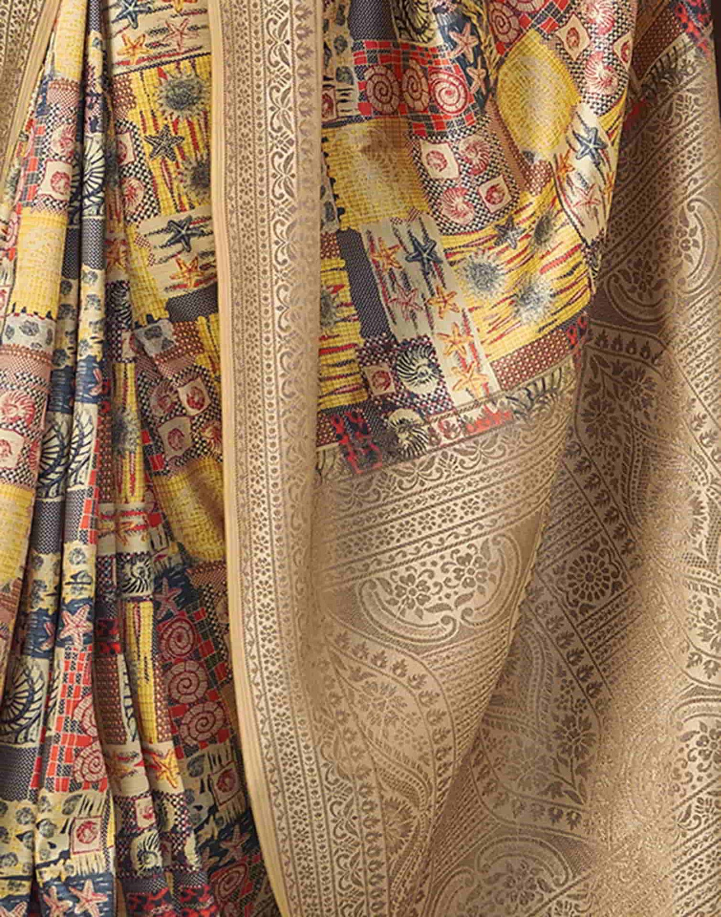 Yellow Silk Printed Saree