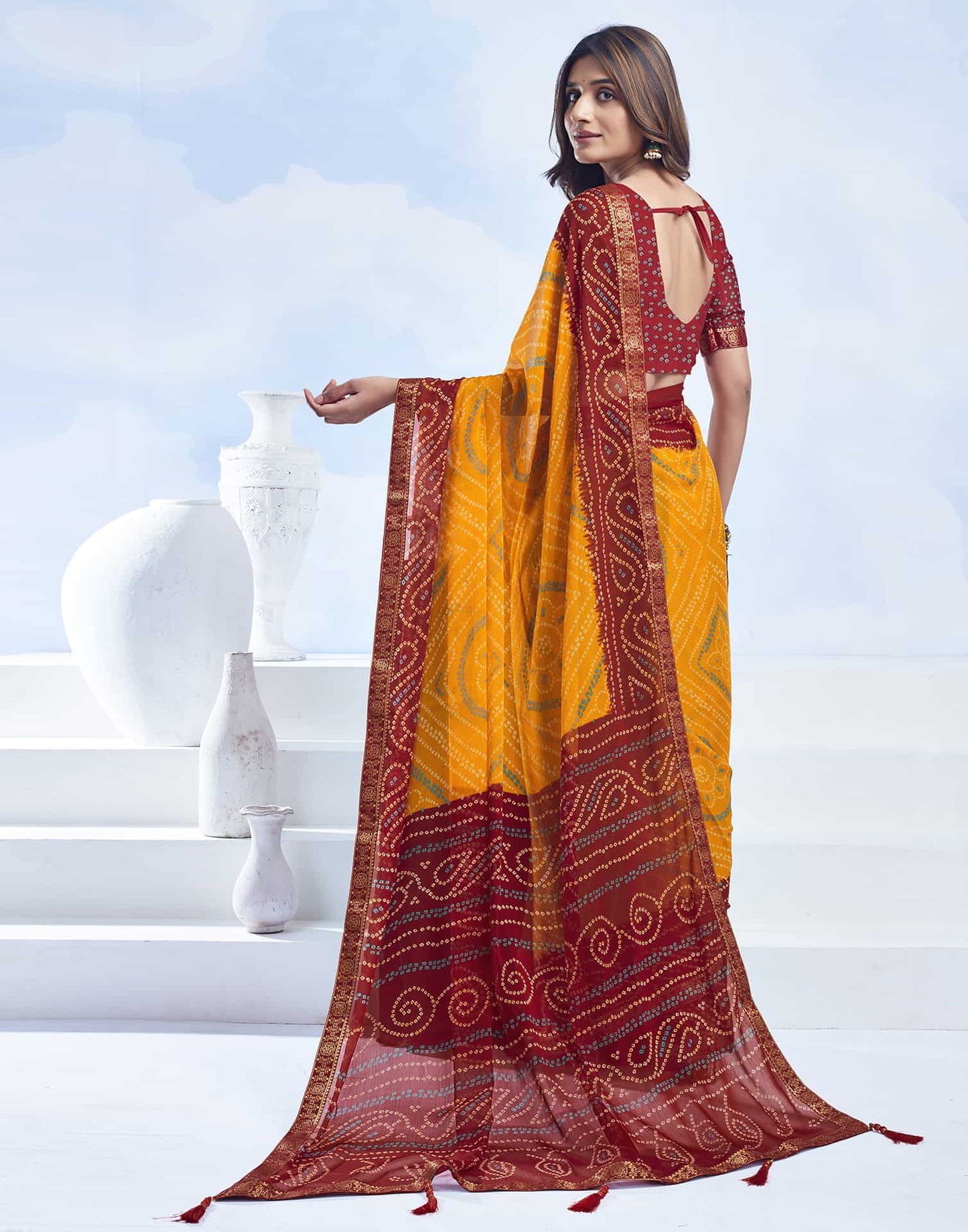 Yellow Bandhani Chiffon Saree