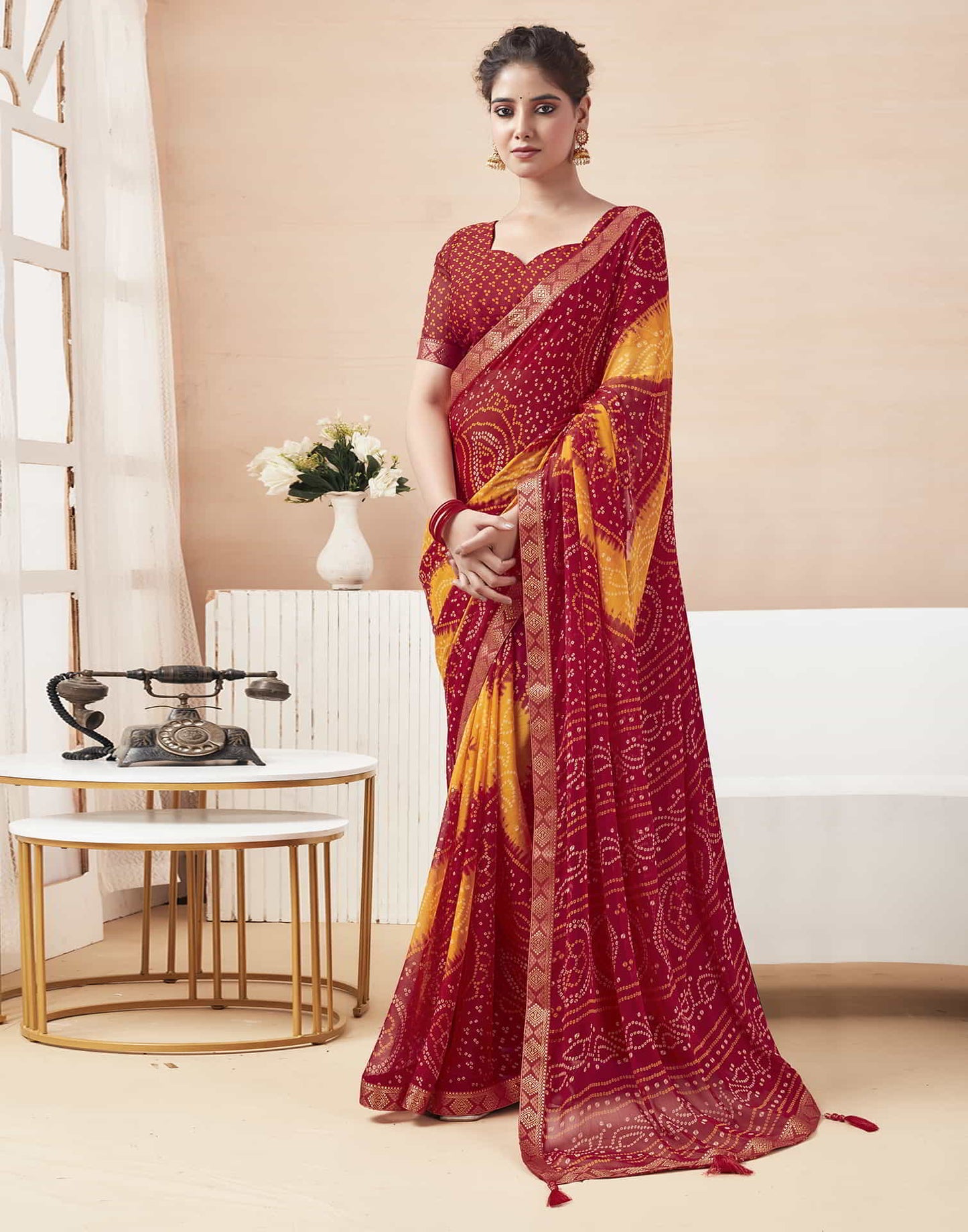 Red Bandhani Chiffon Saree