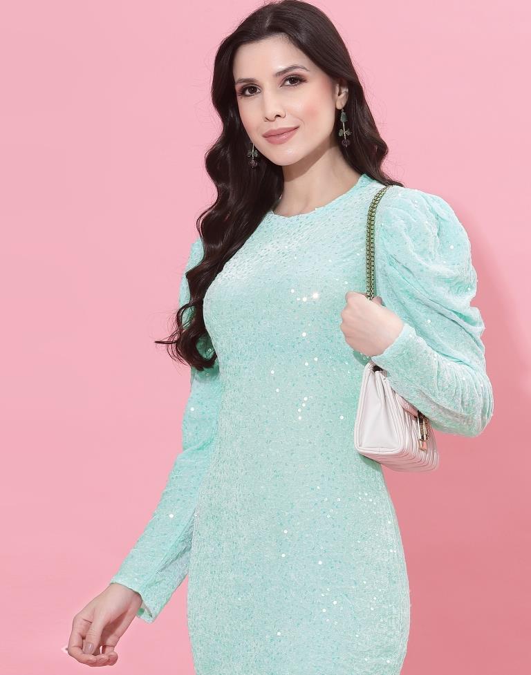 Light Blue Puff Sleeve sequin Bodycon | Sudathi