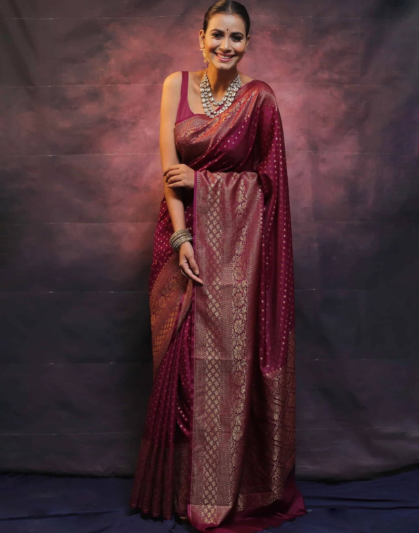 Wine Banarasi Silk Woven Saree