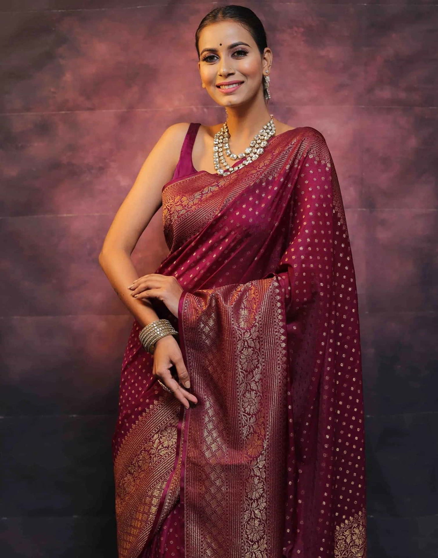 Wine Banarasi Silk Woven Saree