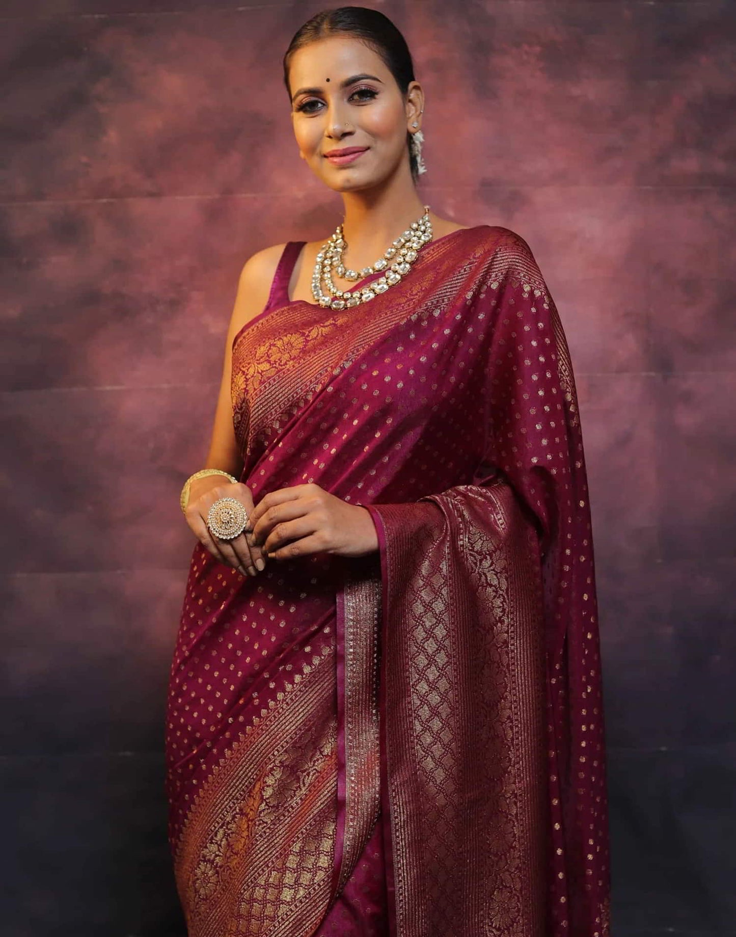 Wine Banarasi Silk Woven Saree