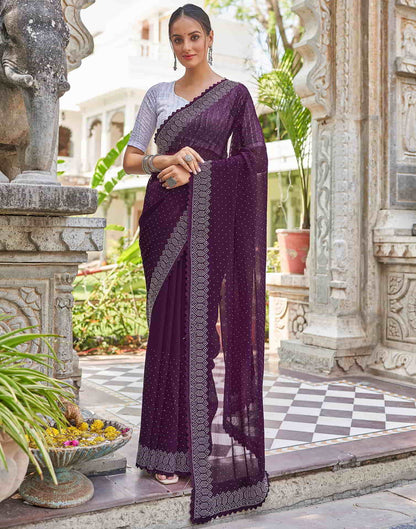 Wine Swarovski Georgette Stone Work Saree