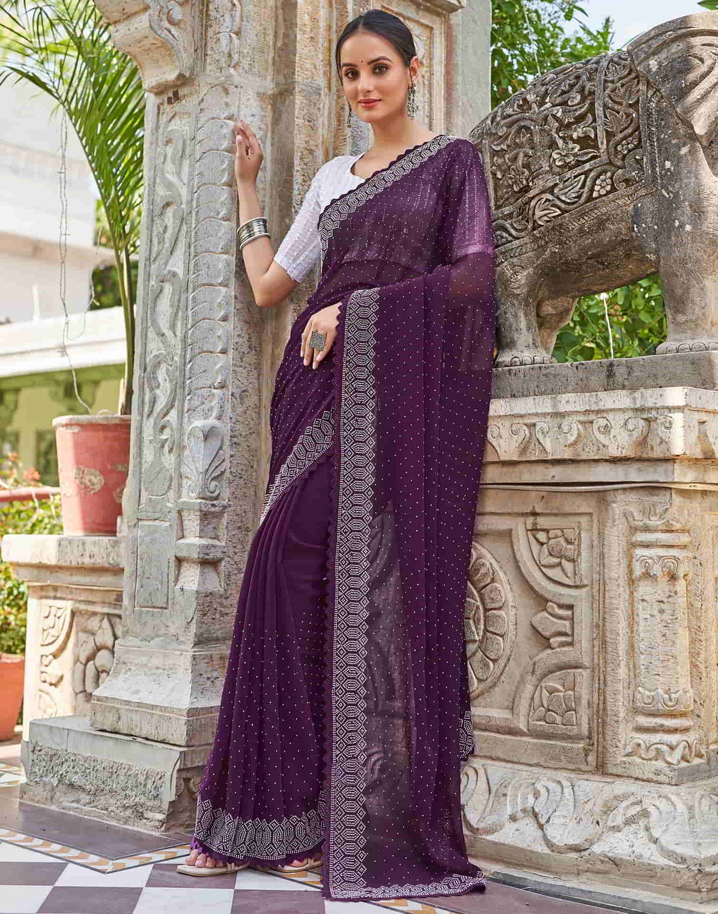 Wine Swarovski Georgette Stone Work Saree