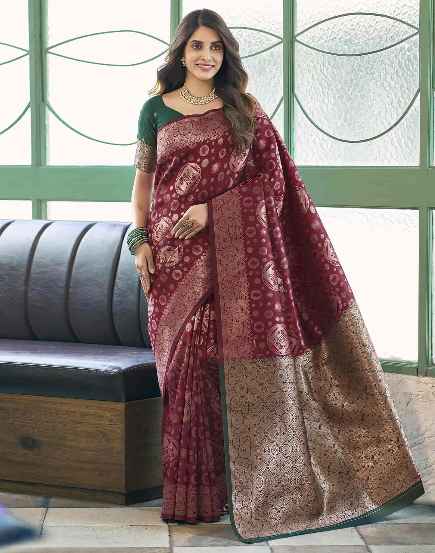Dark Red Banarasi Silk Saree