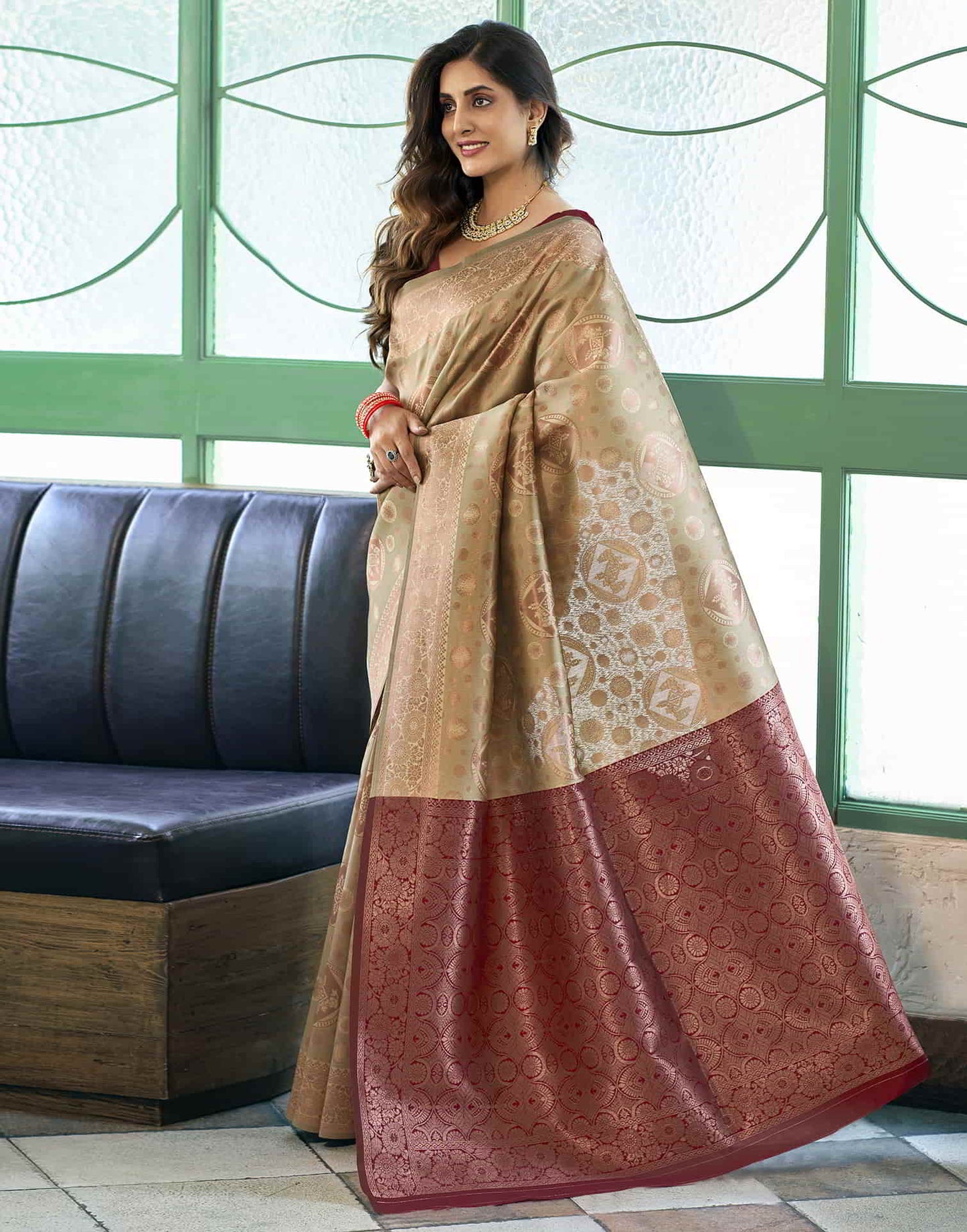 Beige Banarasi Silk Woven Saree