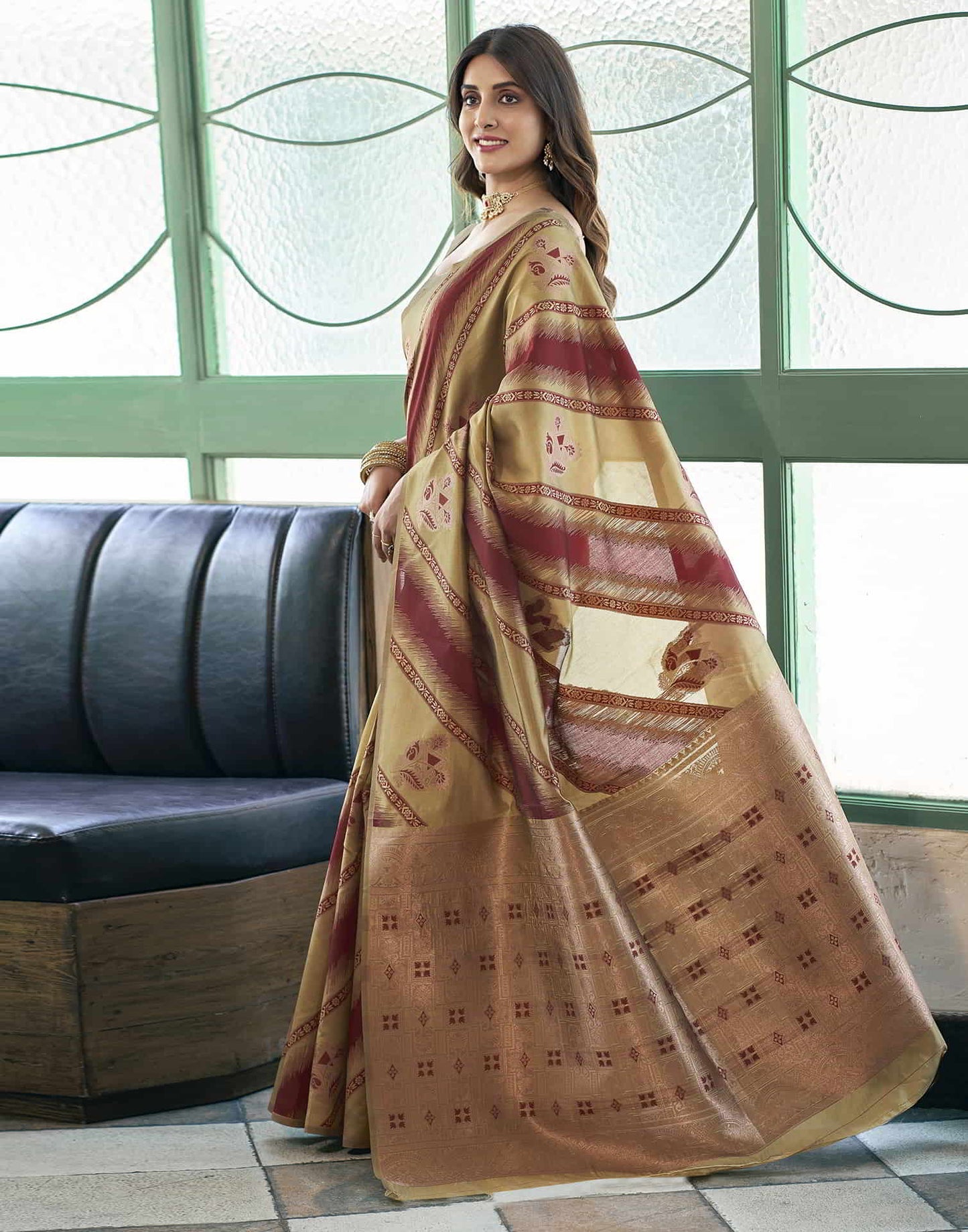 Beige Banarasi Silk Woven Saree