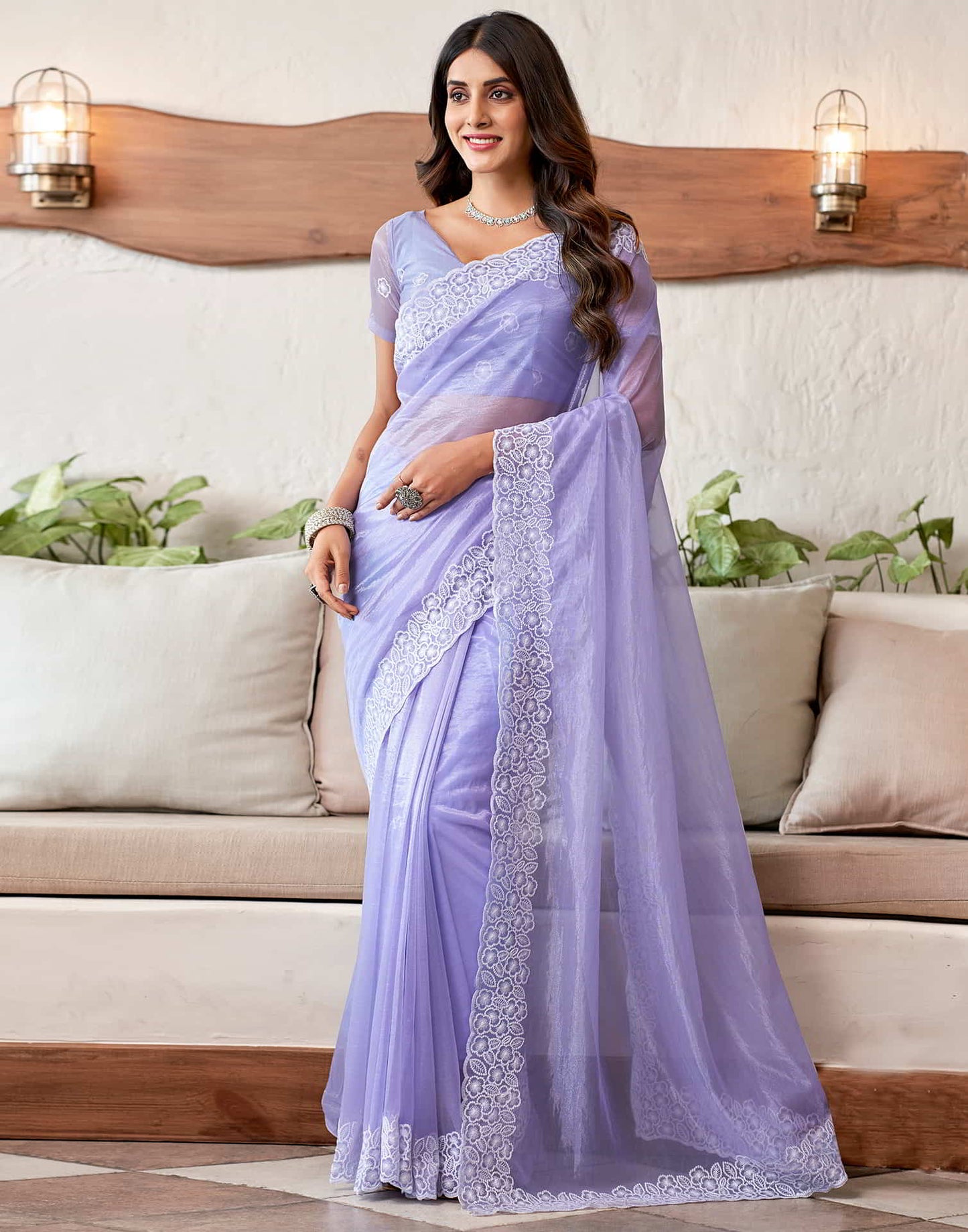 Lavender Embroidery Organza Saree